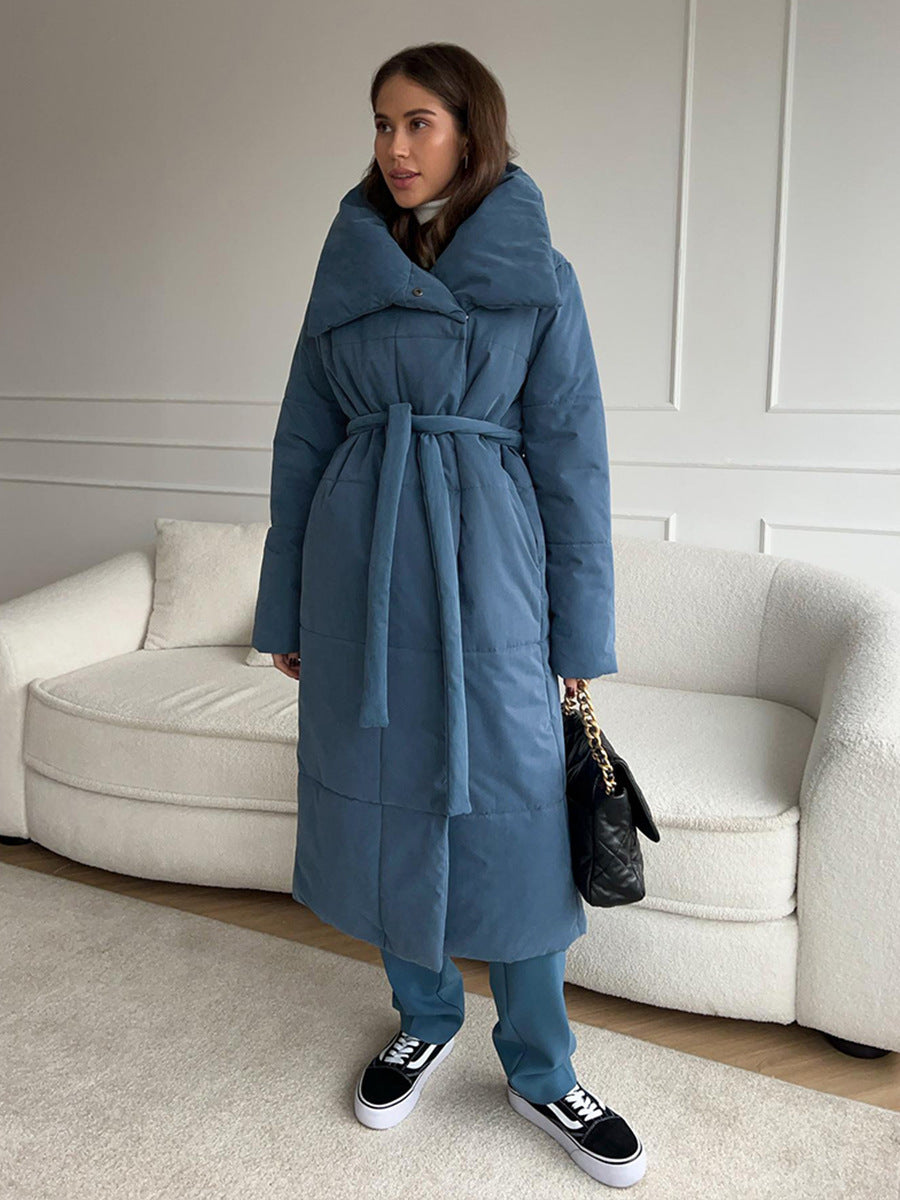 Fashion Large Lapel Long Coat Winter Warm Cotton Jacket With Pockets And Lace-up Design Casual Solid Color Thick Coat For Women Outwear Clothing - Bellarte Enchanté Fashion Large Lapel Long Coat Winter Warm Cotton Jacket With Pockets And Lace-up Design Casual Solid Color Thick Coat For Women Outwear Clothing